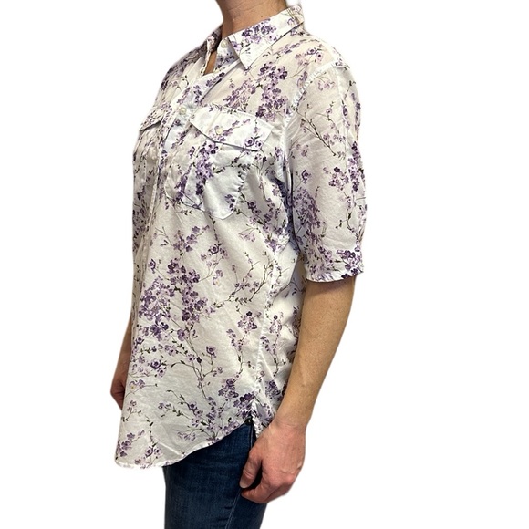 Lauren Ralph Lauren Sheer Button Down Tunic Blouse Floral Purple/White L - Picture 3 of 8